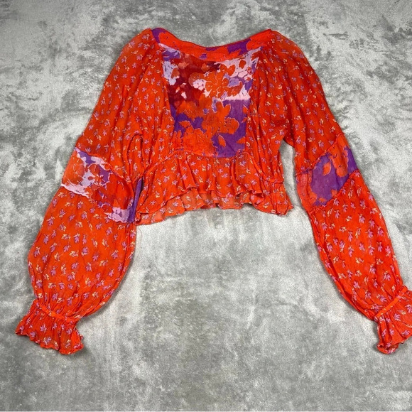 Free People Blouse Womens Small Red Floral Sheer Artsy Boho Ruffle Watercolor - Picture 4 of 14